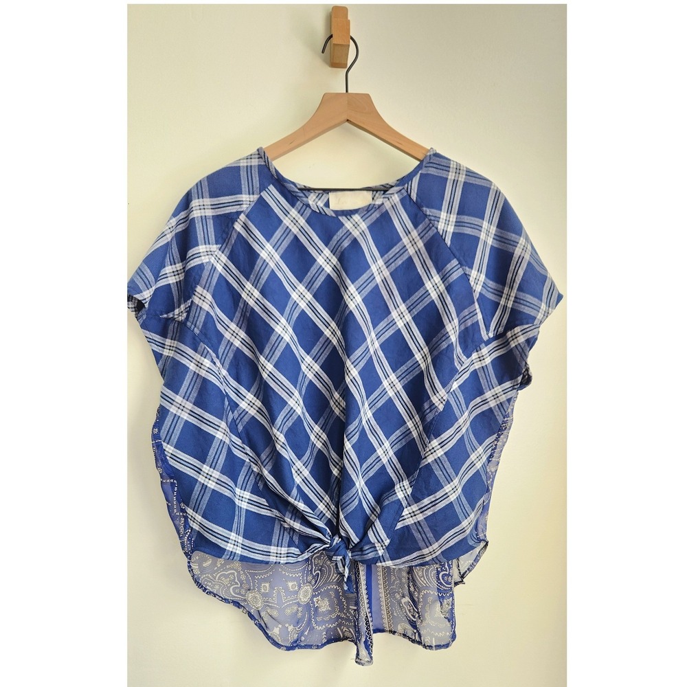 Love Sam Boxy Top Women Small Blue Plaid Paisley Mixed Media Tie Front Boho